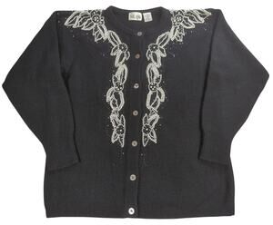 VTG Nilani Womens Cardigan Sweater M Black Beaded Floral Lambswool Angora